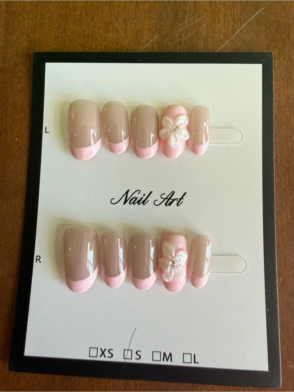 Neutral Taupe Press-On Nails with Pink French Tips & 3D Flower Accent